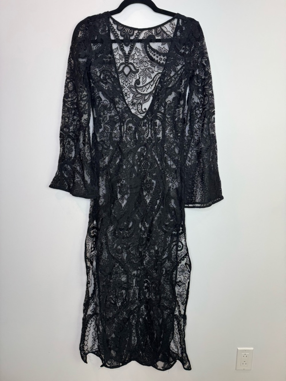 H&M Black Lace V-back Long Sleeve Women's maxi Dress coverup goth fairy romantic